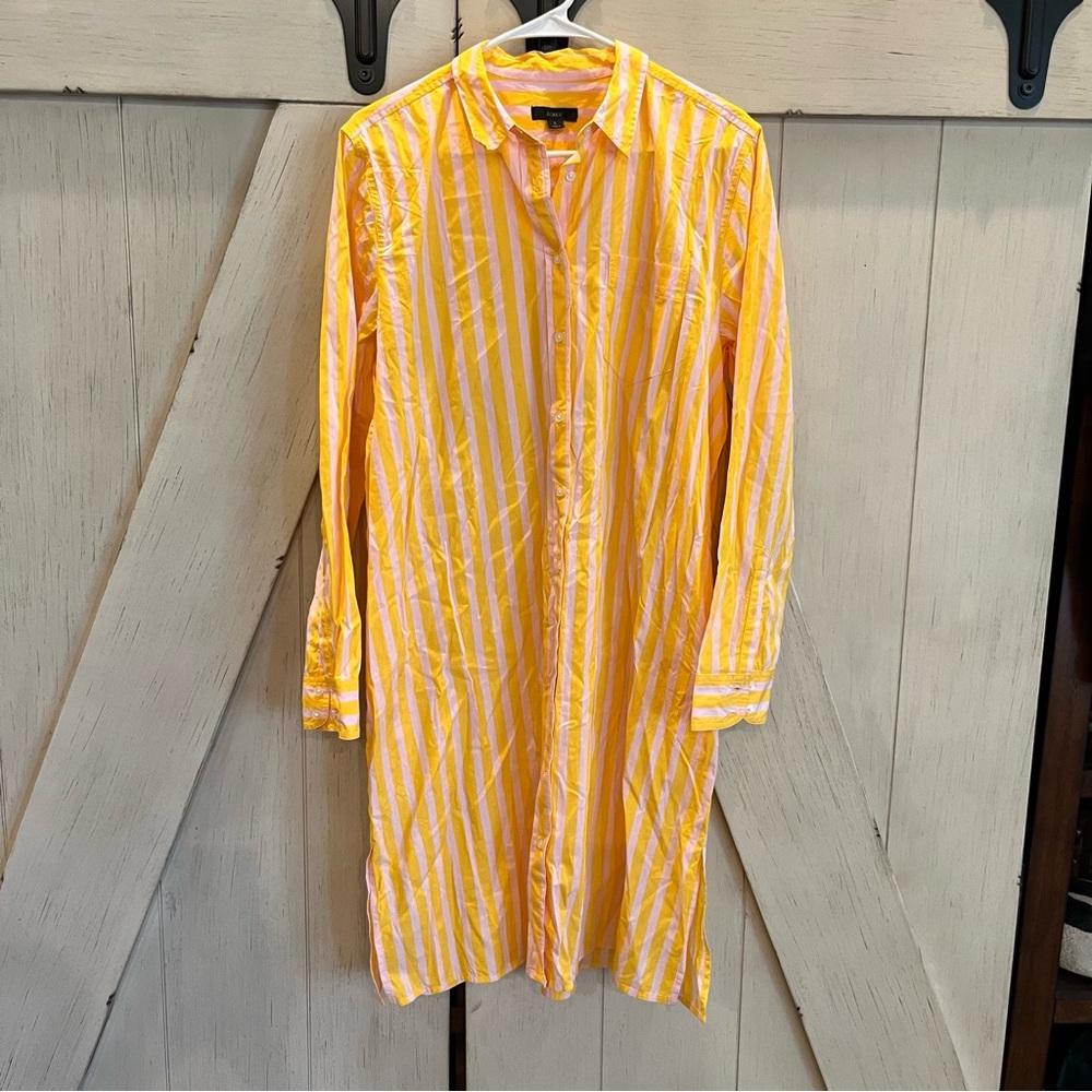 J. Crew Pink & Yellow Button Front Long Sleeve Mini Dress Size Large